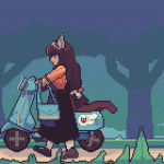 An animation of a cat-eared character walking with her motorbike through a mysterious forest.