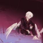 A painted fullbody of Sarurun's mascot character sitting in purple-tinted water with morning glories floating around him. He is wearing a dark suit while looking at the camera mysteriously.